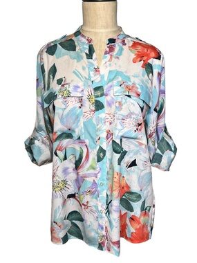 Calvin Klein Blue/Coral Floral Button-Up Long-Sleeve Blouse Sz SP